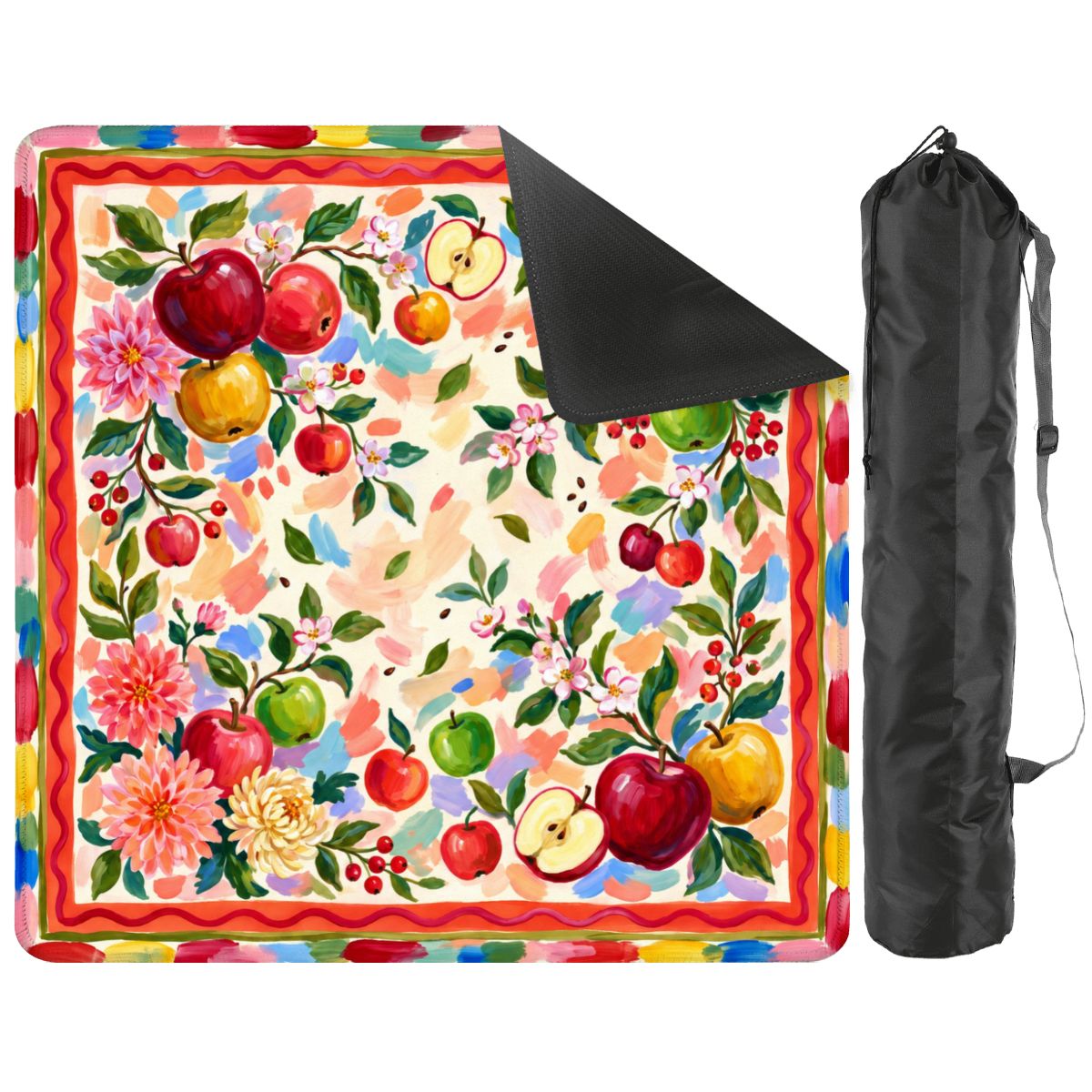 Apple Blossom Harvest mat with one corner folded back to show the black rubber base, next to a black drawstring storage bag