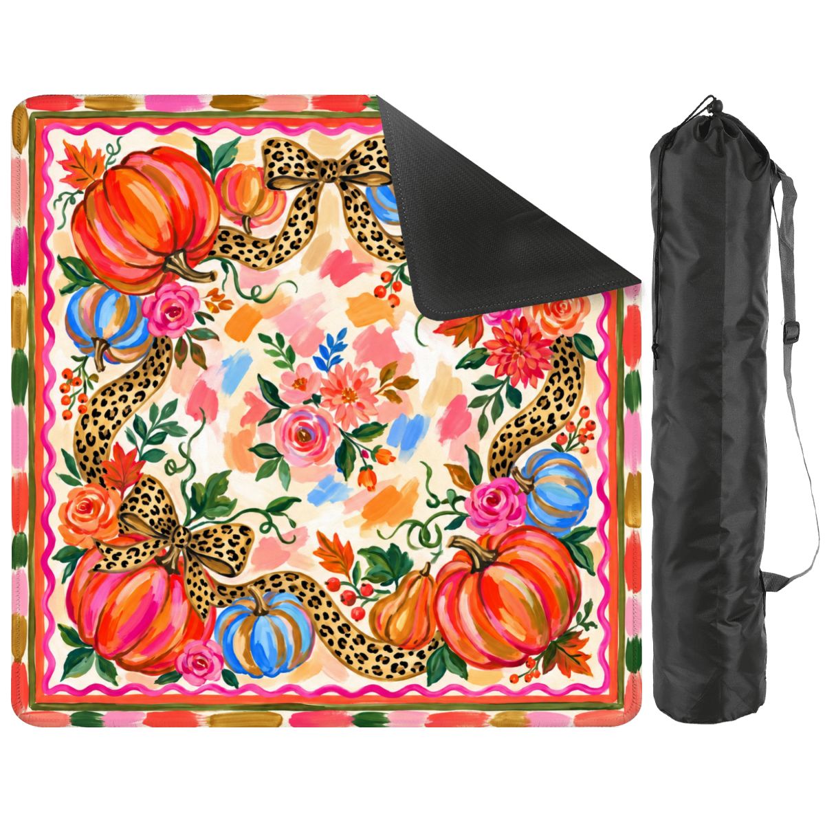 Wild Harvest mat with one corner folded back to reveal the black rubber base, beside a black drawstring storage bag