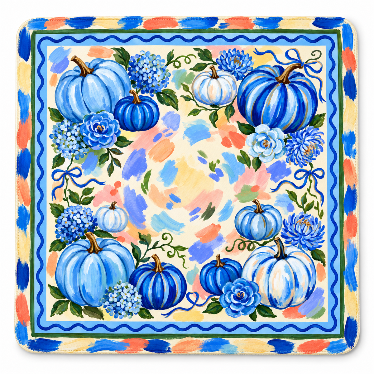 Blue Harvest Mahjong mat with rounded corners and a blue, peach, and cream brushstroke border