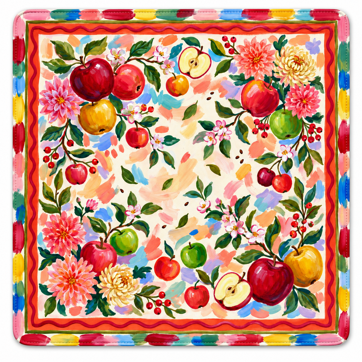 Apple Blossom Harvest Mahjong mat with rounded corners and a multicolor brushstroke border around apples and autumn flowers