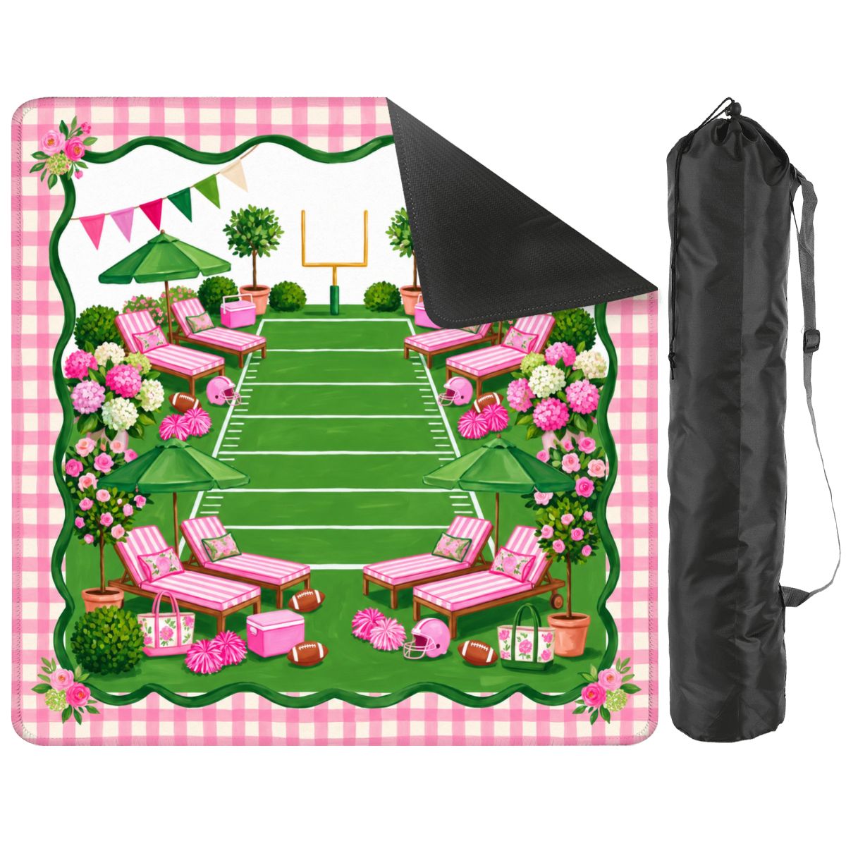 Touchdown in Pink mat with a corner turned up to show the black non-slip rubber base, with black storage bag