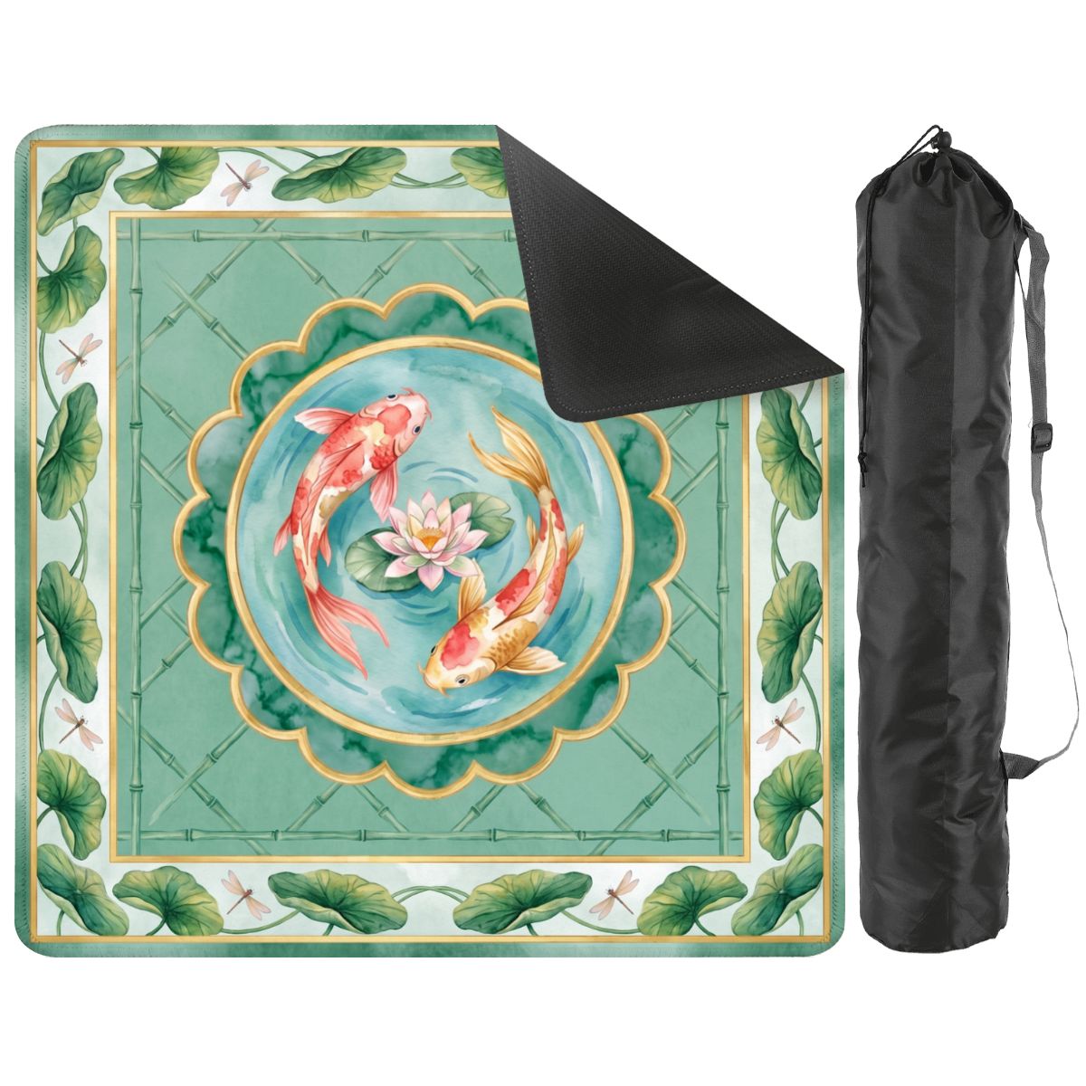 Jade Koi Garden mat with a corner turned up to show the black non-slip rubber base, with black storage bag