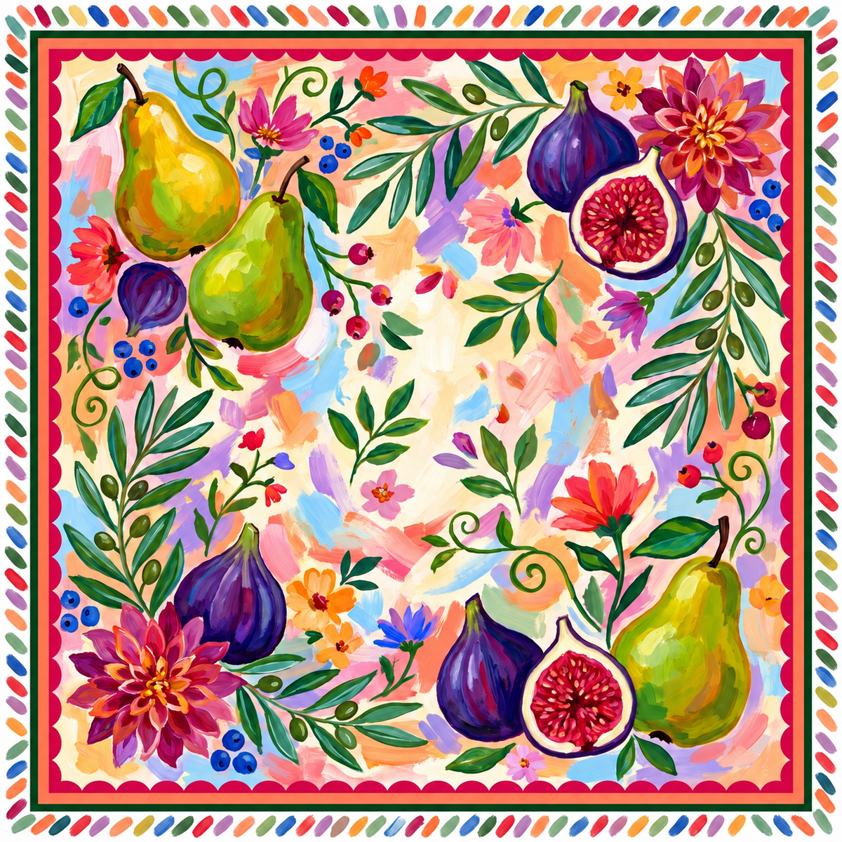 Fig & Pear Garden Mahjong mat design with green pears, whole and halved purple figs, dahlias, and olive branches inside a red and green border