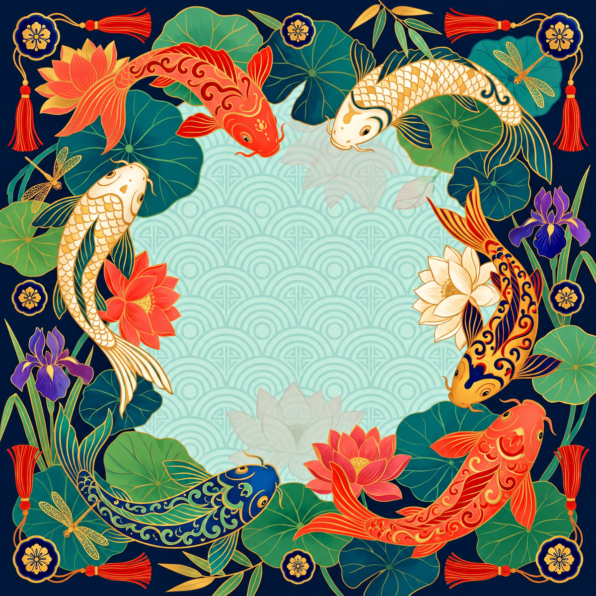 Koi Dynasty Mahjong mat design: orange and gold koi with lotus leaves and irises on navy around a pale aqua center