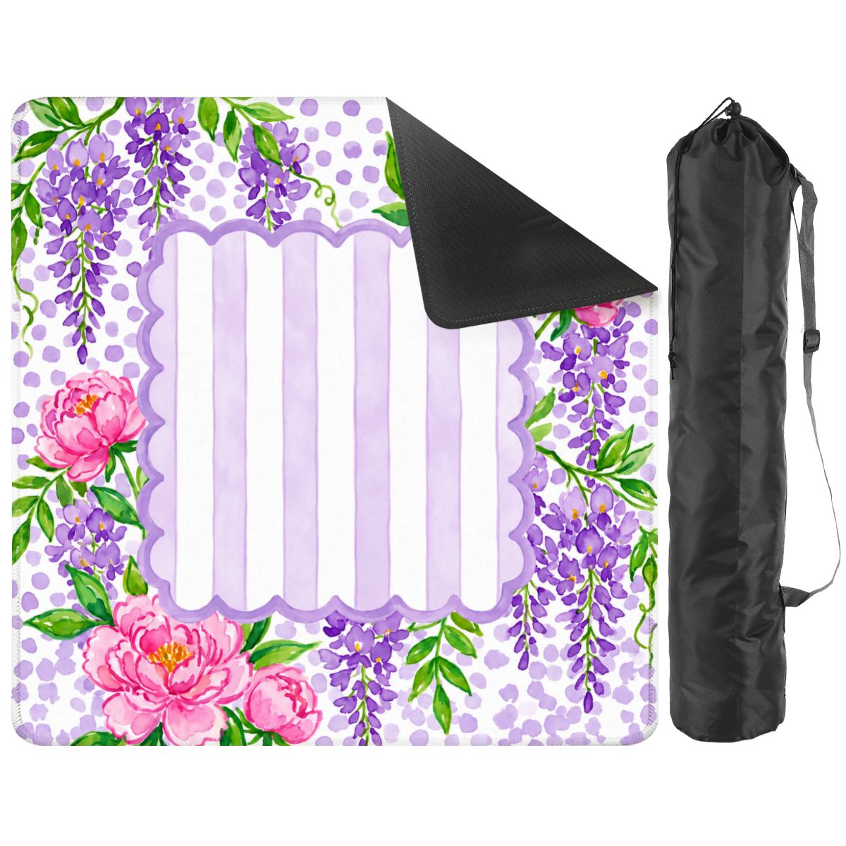 Wisteria Belle mat with a corner turned up to show the black non-slip rubber base, with black storage bag