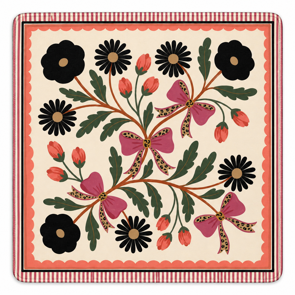 Leopard Bow Garden Mahjong mat with rounded corners and a red-and-white striped edge