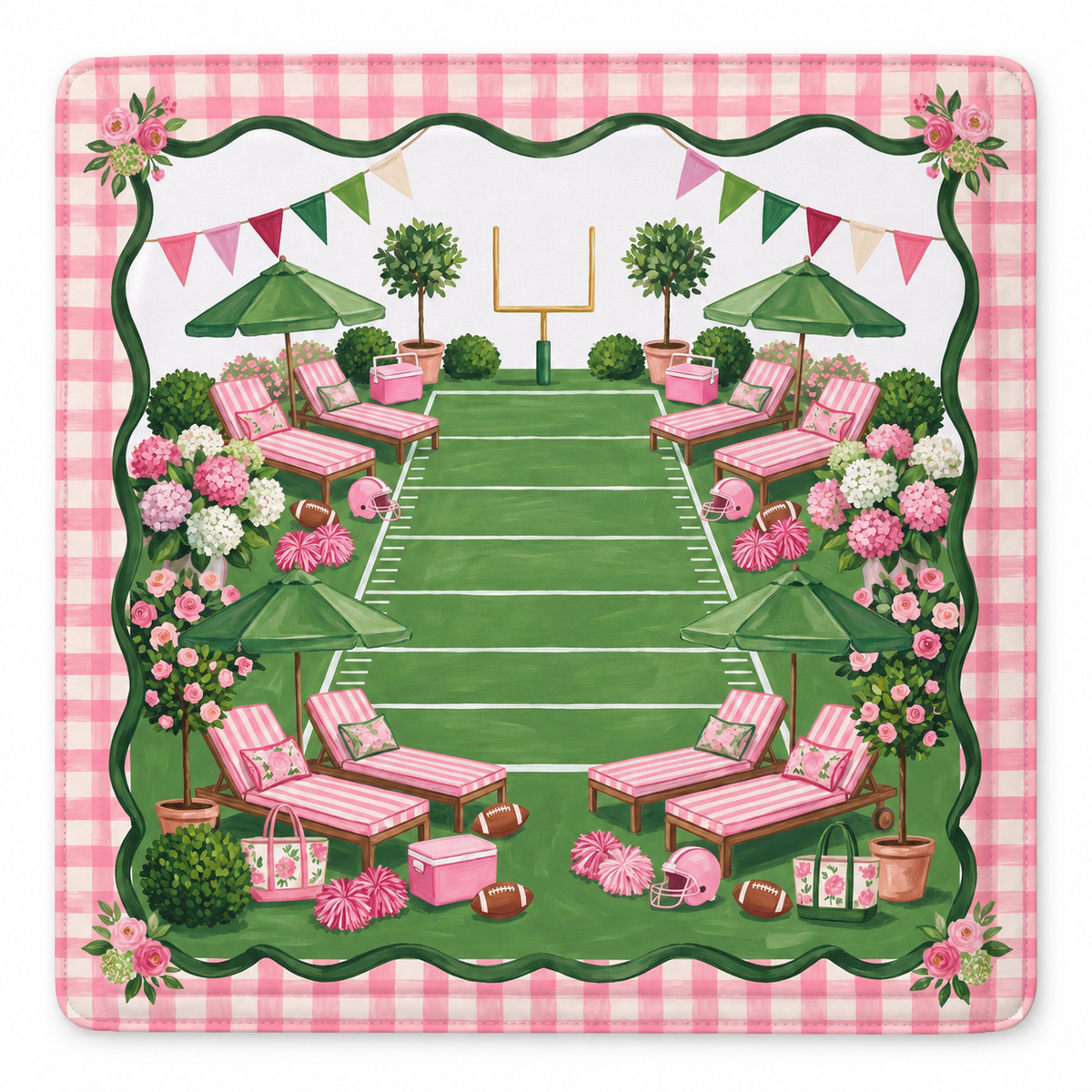 Touchdown in Pink American Mahjong mat with football field with a pink gingham border