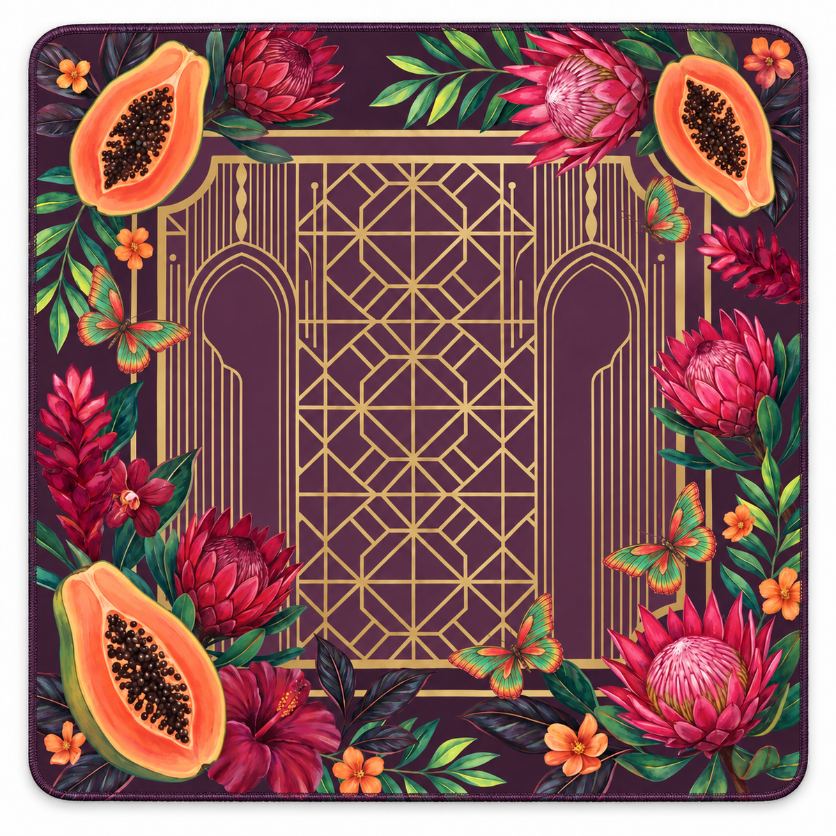 Papaya Royale American Mahjong mat with papayas and protea around a gold Art Deco center