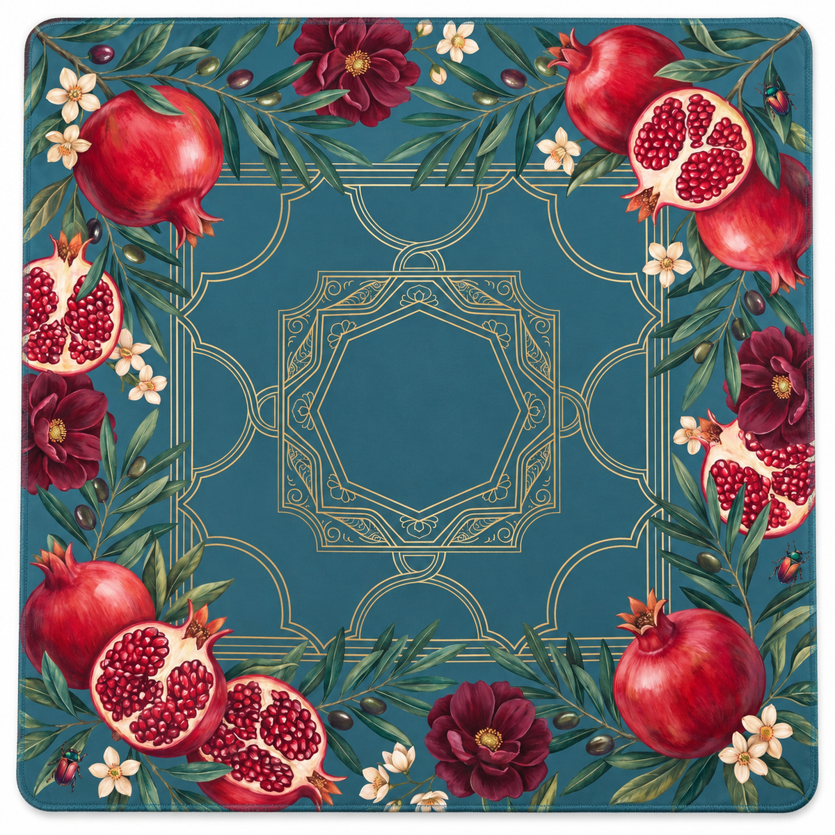 Pomegranate Garden American Mahjong mat with pomegranate border on deep teal
