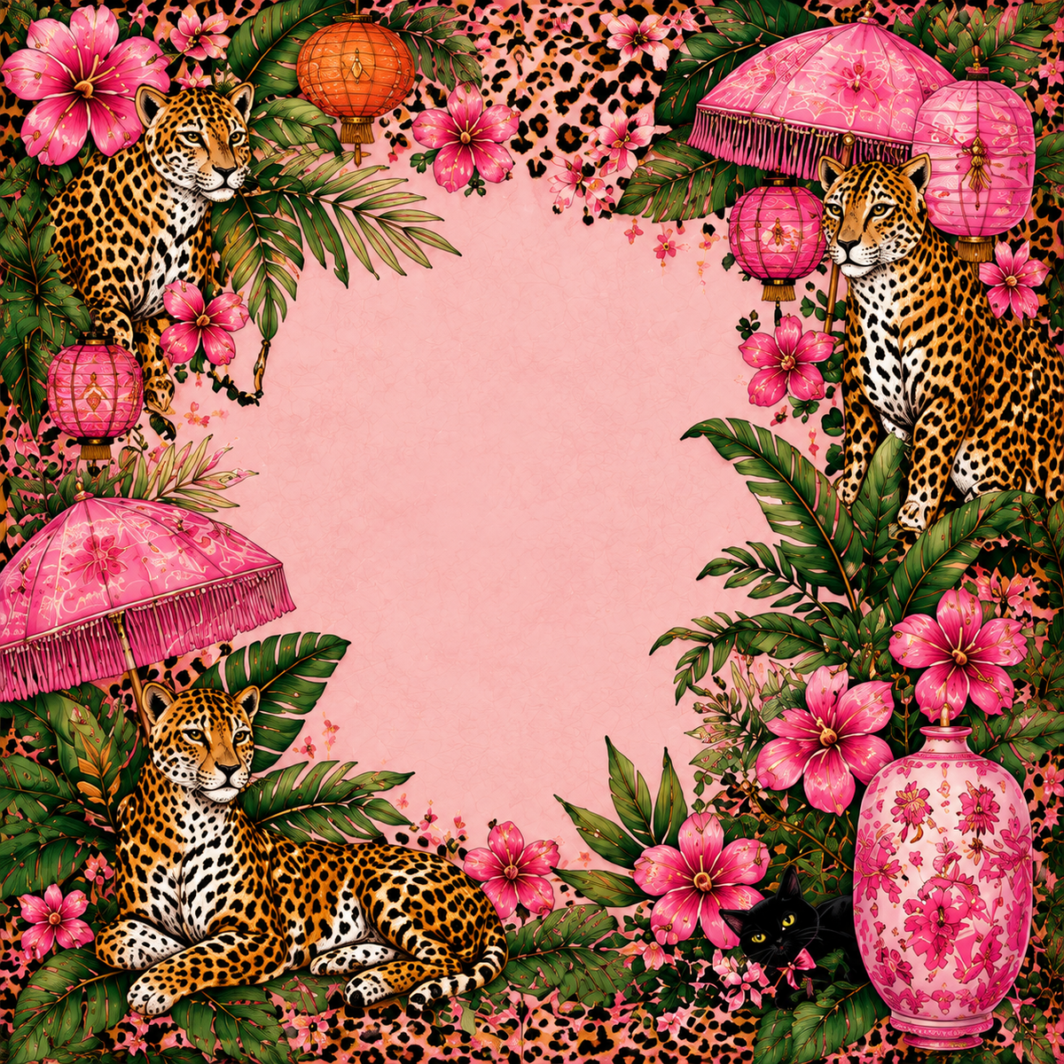 Leopard Garden Mahjong mat design: leopards among pink flowers, pink parasols and a pink porcelain vase around a soft pink center