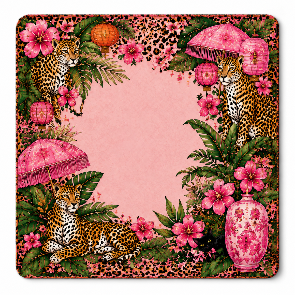 Leopard Garden American Mahjong mat with leopards and pink parasols around a pink center