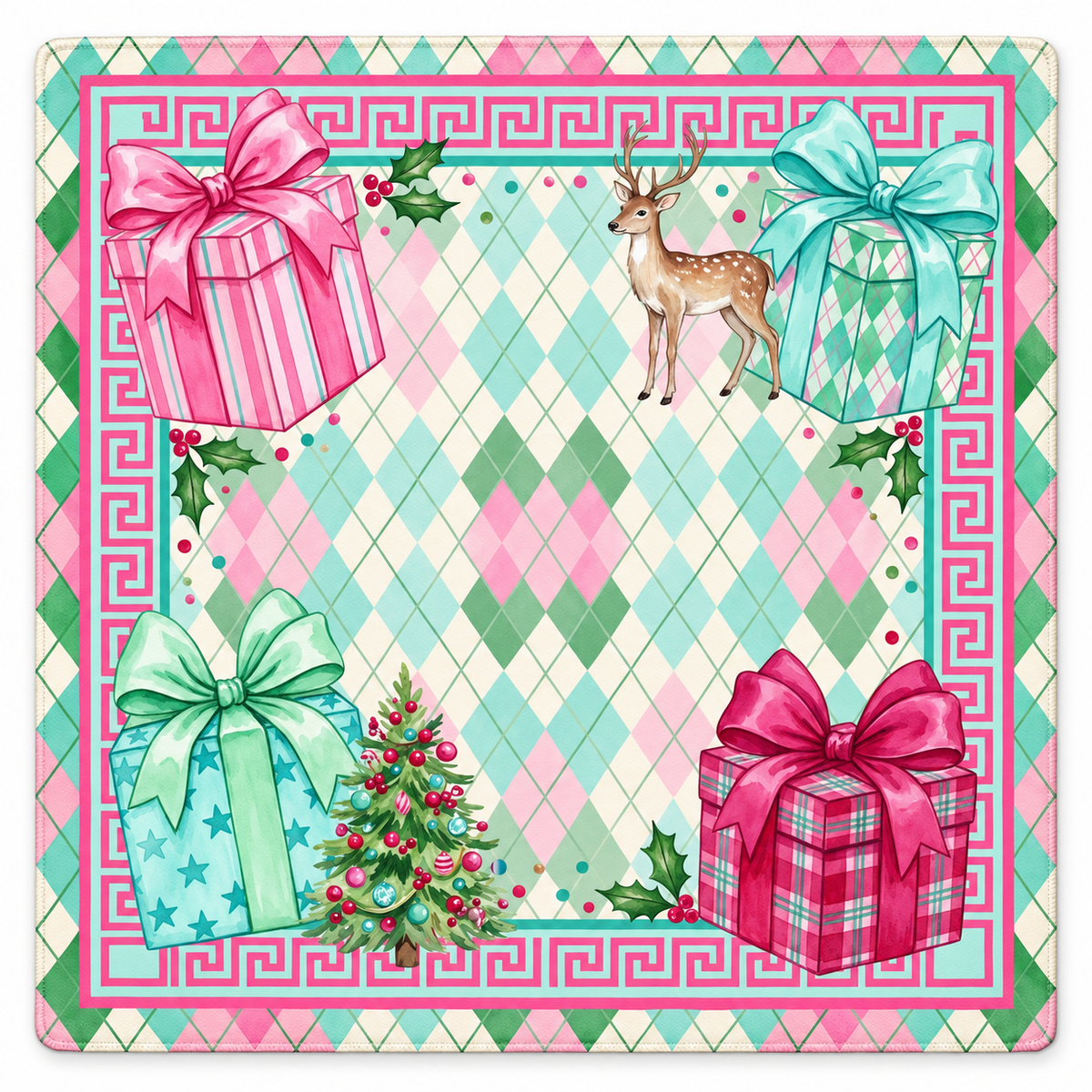 Merry Argyle Mahjong mat with rounded corners in pink, mint, and green argyle