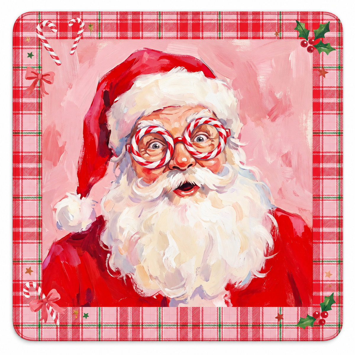 Peppermint Santa Mahjong mat with rounded corners, candy canes, holly, and a pink and red plaid border