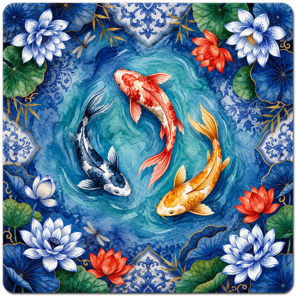 Koi Reverie Mahjong mat design: three koi fish in swirling turquoise water surrounded by blue-and-white lotus flowers