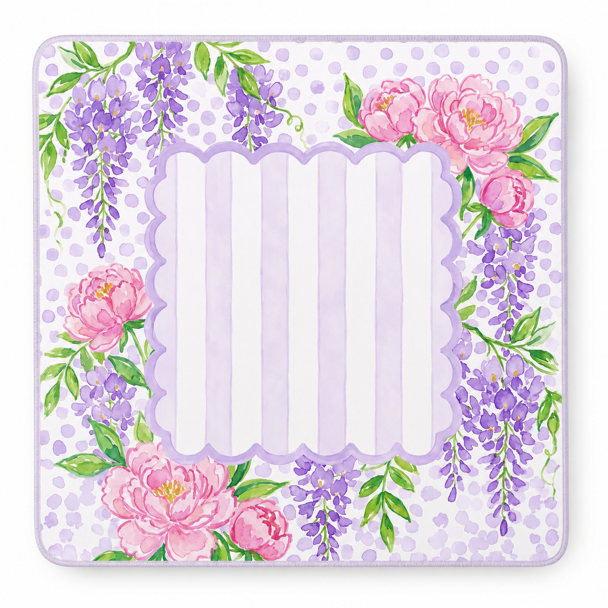 Wisteria Belle American Mahjong mat with wisteria and peonies around a lilac-striped center
