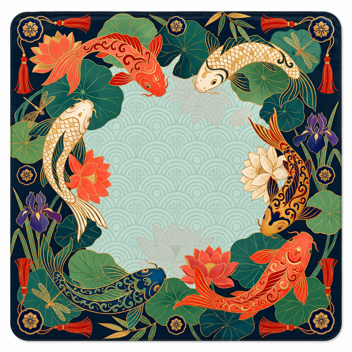 Koi Dynasty American Mahjong mat with koi and lotus leaves on navy around an aqua center
