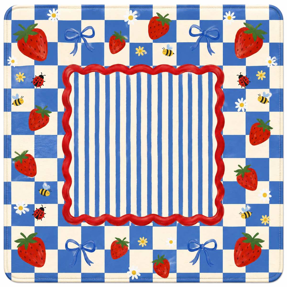 Strawberry Picnic American Mahjong mat with strawberries on a blue checkerboard