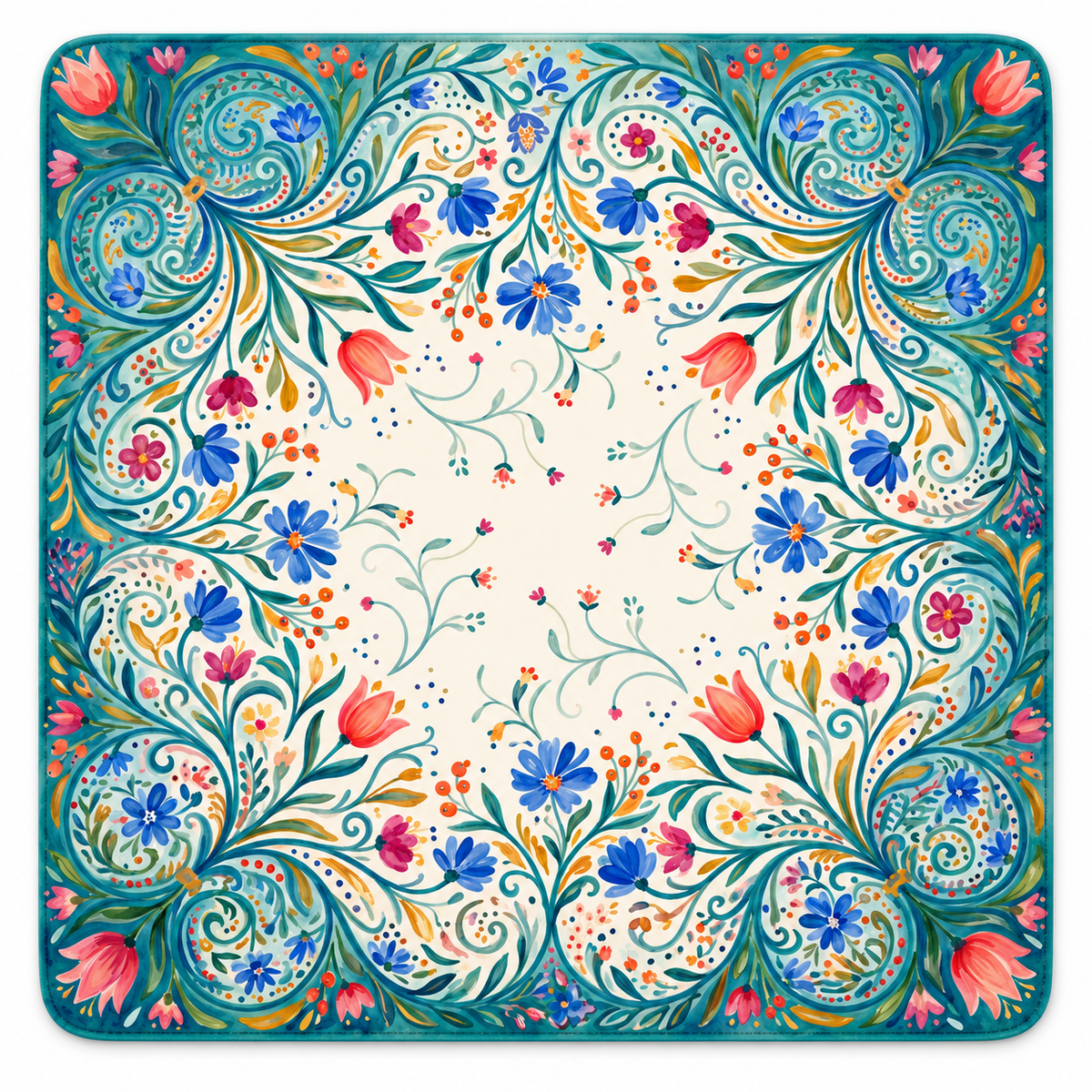 Folk Bloom American Mahjong mat with teal folk floral border