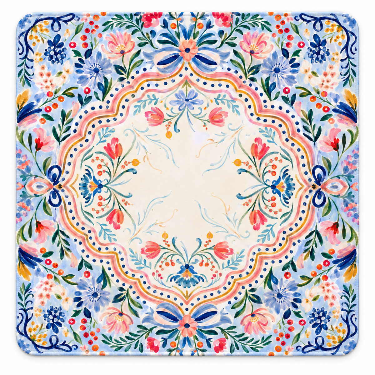Ribbon Garden American Mahjong mat with blue and blush floral border with bows