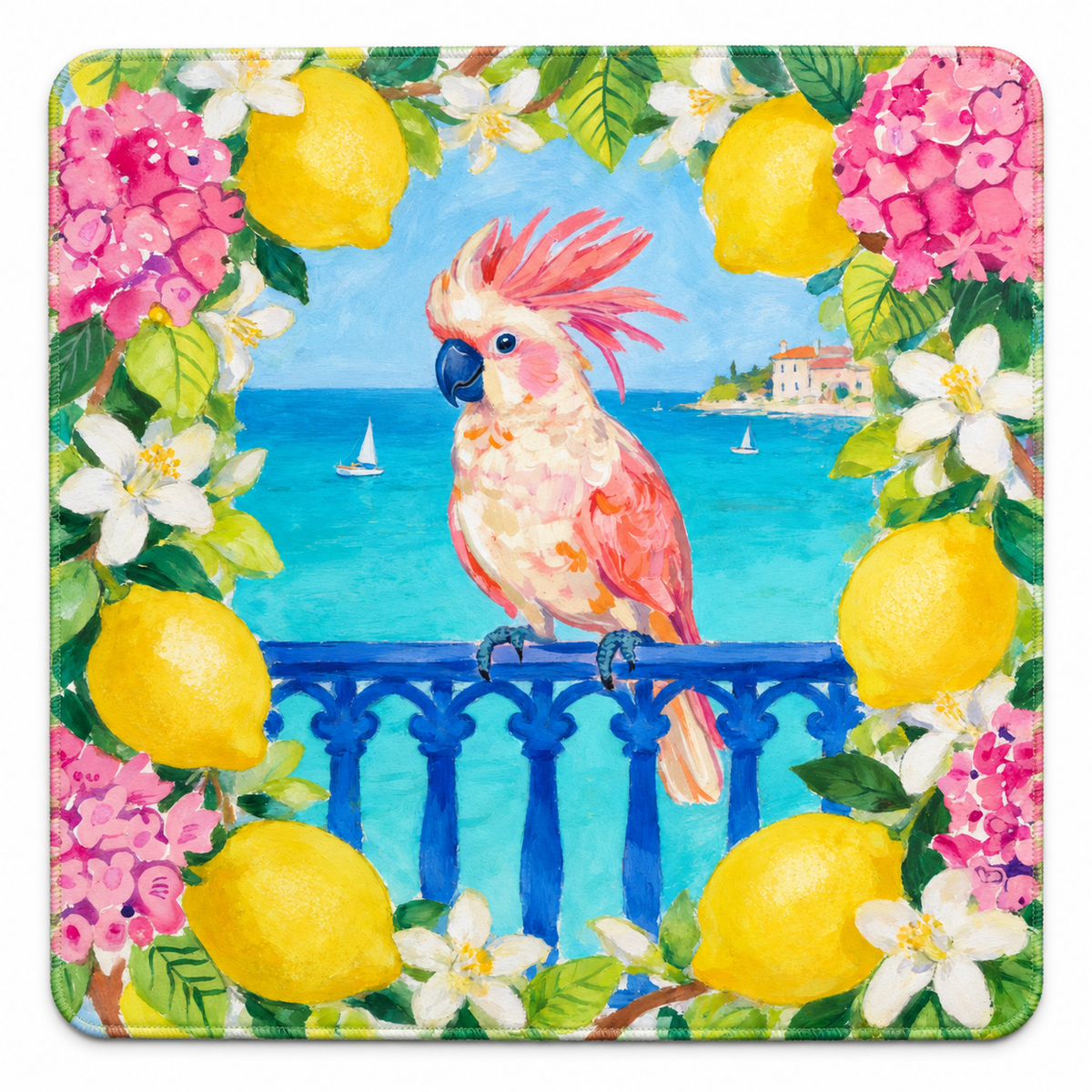 Amalfi Perch American Mahjong mat with pink cockatoo, lemons and turquoise sea