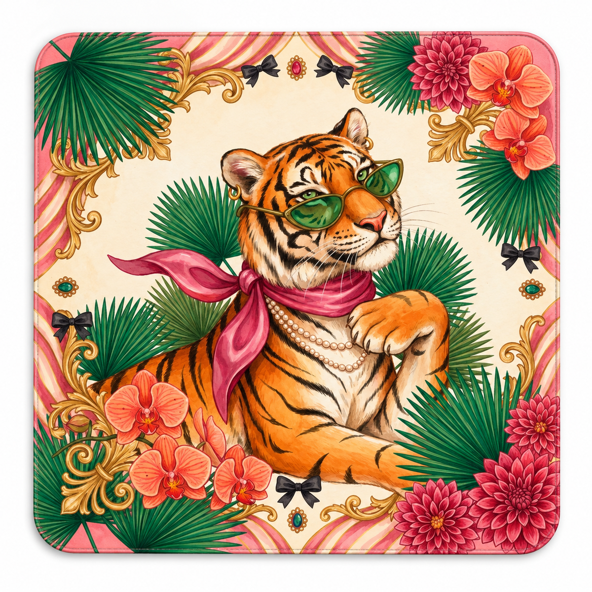Tigress Society American Mahjong mat with tiger in sunglasses with palms and coral flowers