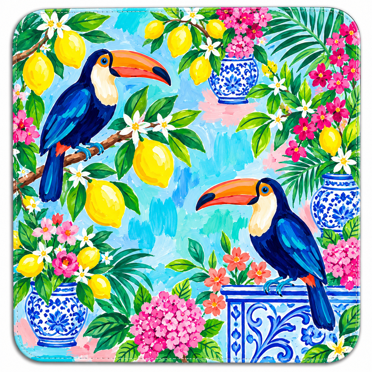 Toucan Bloom American Mahjong mat with toucans, lemons and blue-and-white ginger jars