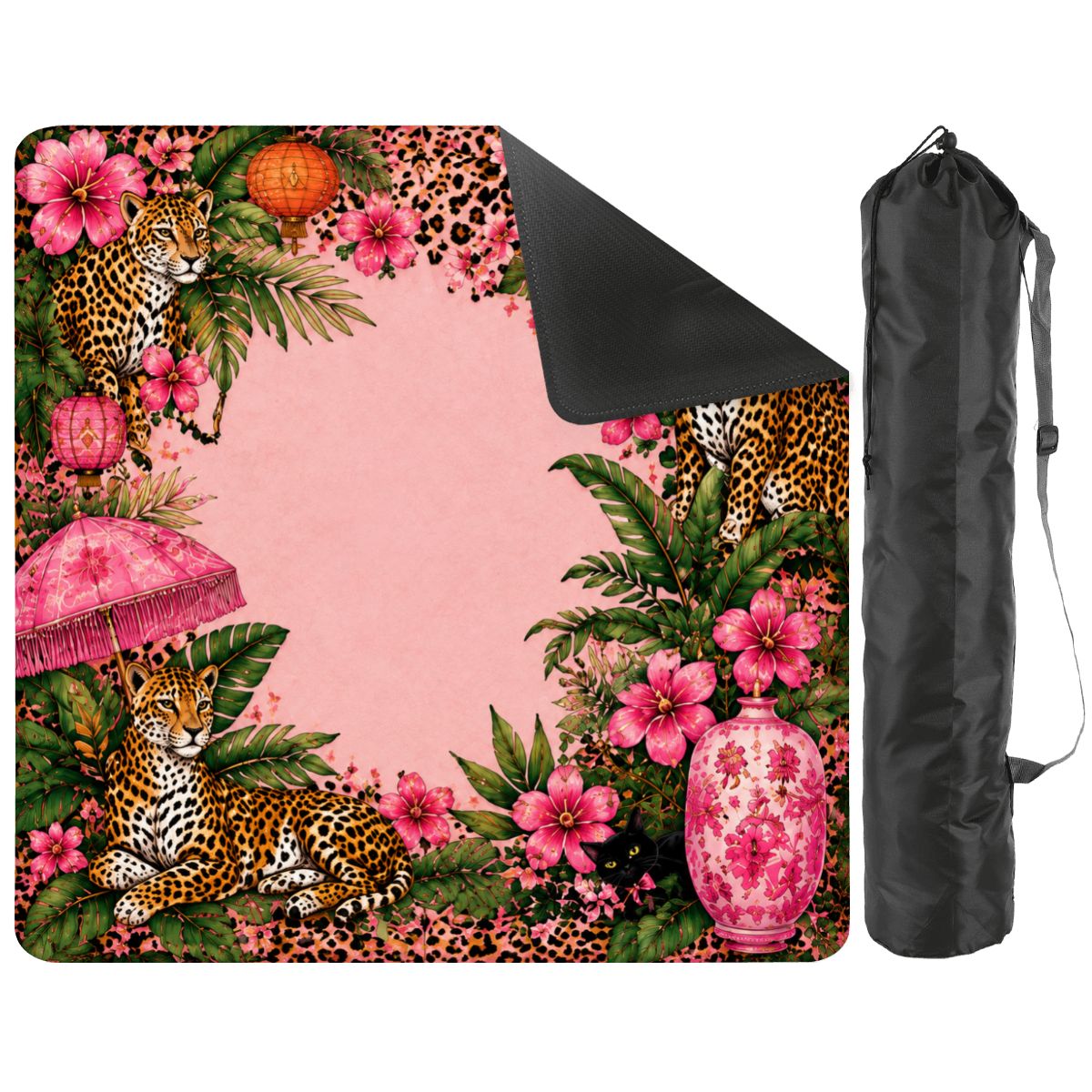 Leopard Garden mat with a corner turned up to show the black non-slip rubber base, with black storage bag