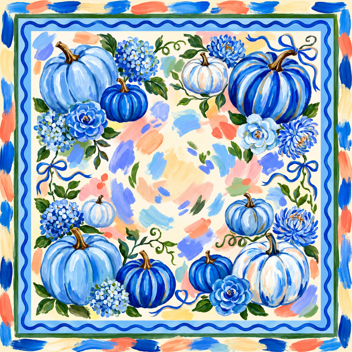 Blue Harvest Mahjong mat design with blue and white pumpkins, blue hydrangeas, roses, and blue ribbons on a cream background with a blue wavy border