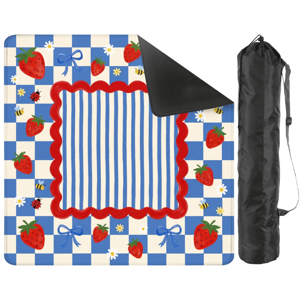 Strawberry Picnic mat with a corner turned up to show the black non-slip rubber base, with black storage bag