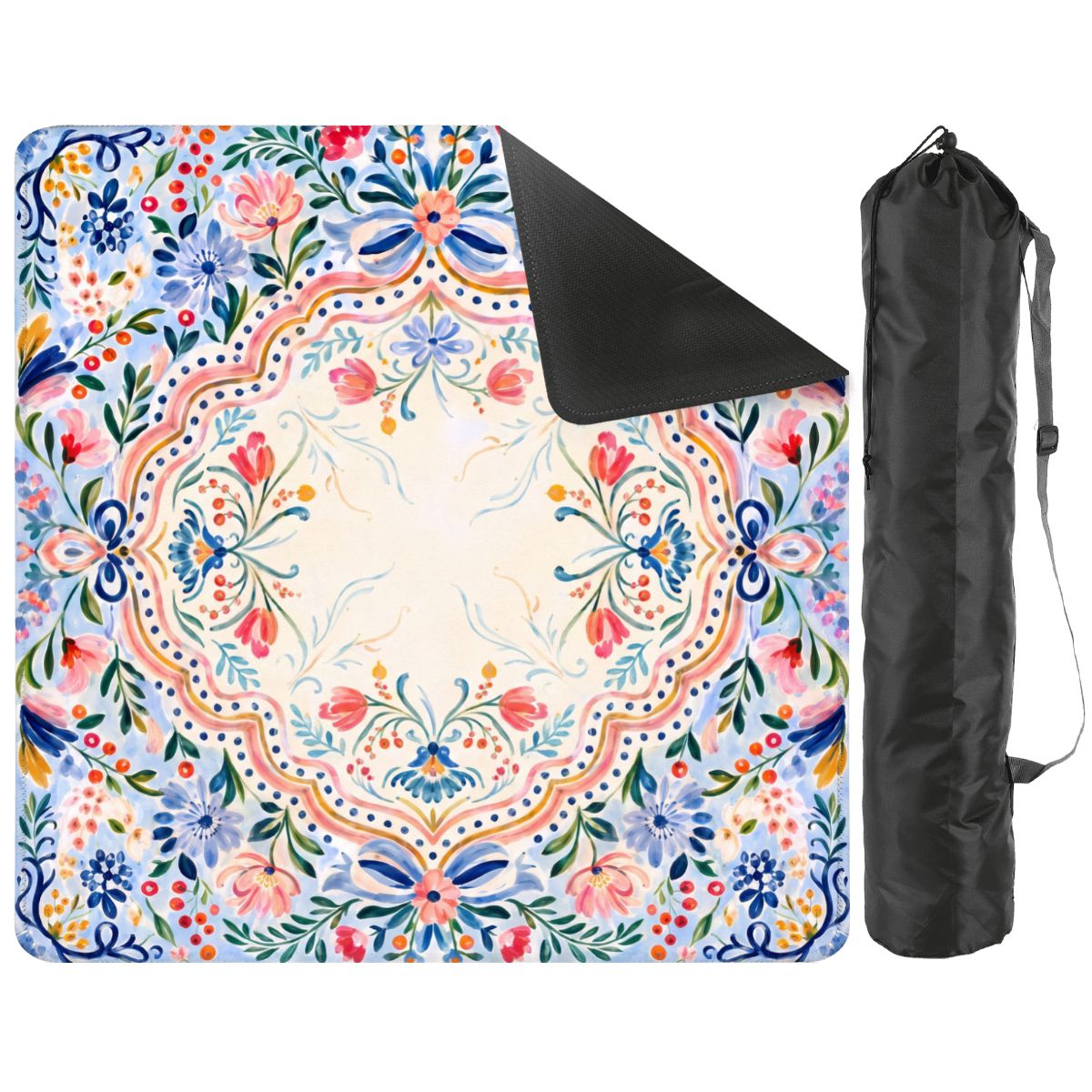 Ribbon Garden mat with a corner turned up to show the black non-slip rubber base, with black storage bag