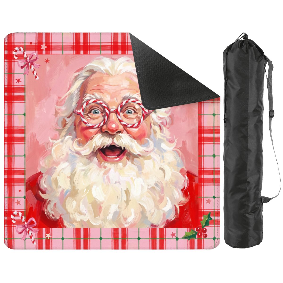 Peppermint Portrait mat with one corner turned up to reveal the black rubber base, with a black drawstring storage bag