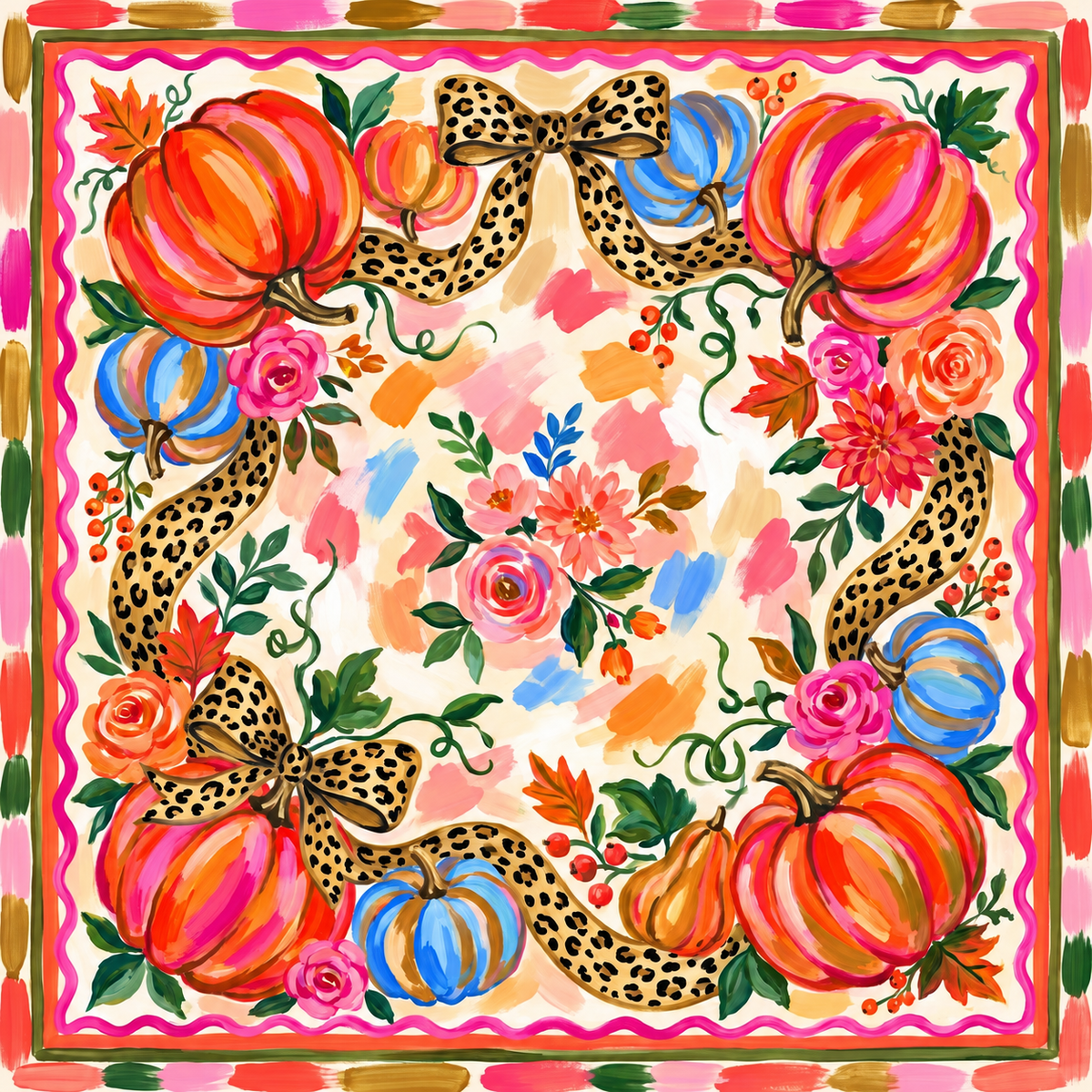 Wild Harvest Mahjong mat design with orange, pink, and blue pumpkins, flowing leopard-print ribbons and bows, roses, and fall leaves inside a hot pink wavy frame