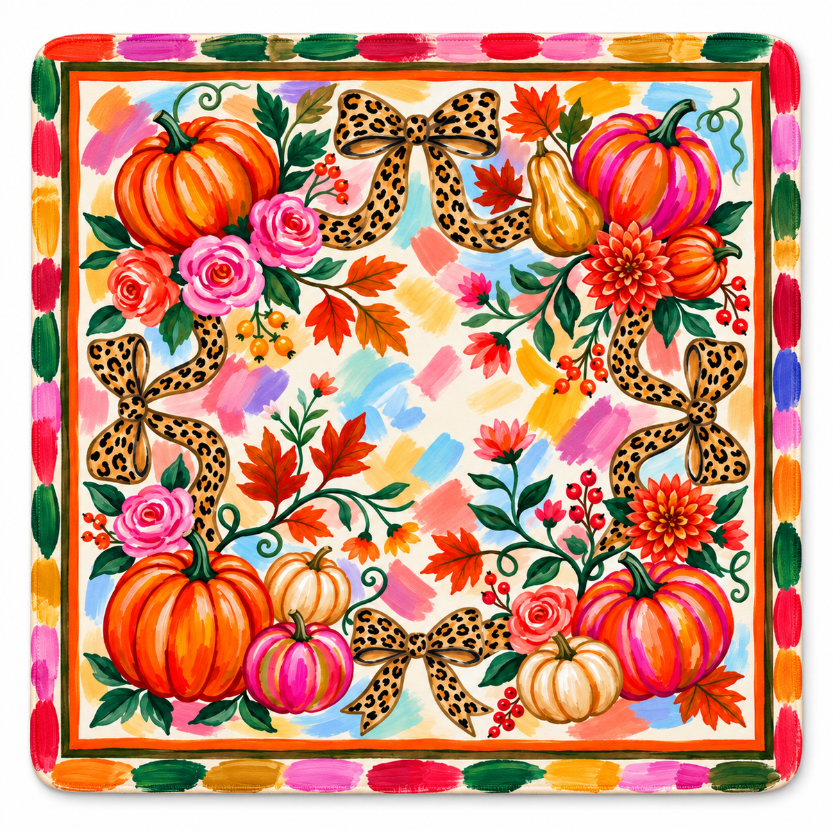 Leopard Harvest Mahjong mat with rounded corners and a multicolor painted border around pumpkins and leopard-print bows