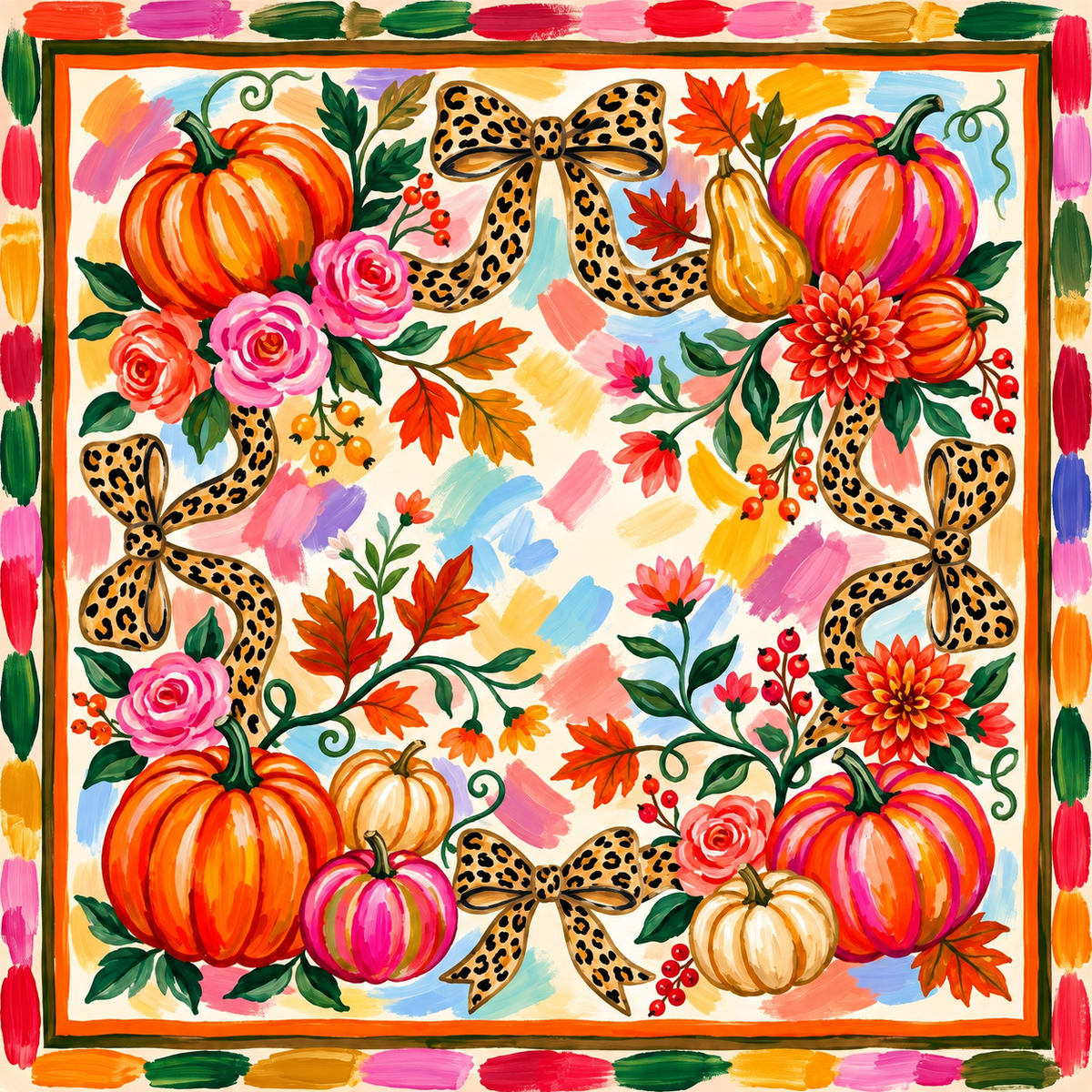 Leopard Harvest Mahjong mat design with orange, pink, and cream pumpkins, leopard-print bows, roses, dahlias, and autumn leaves on a pastel brushstroke background