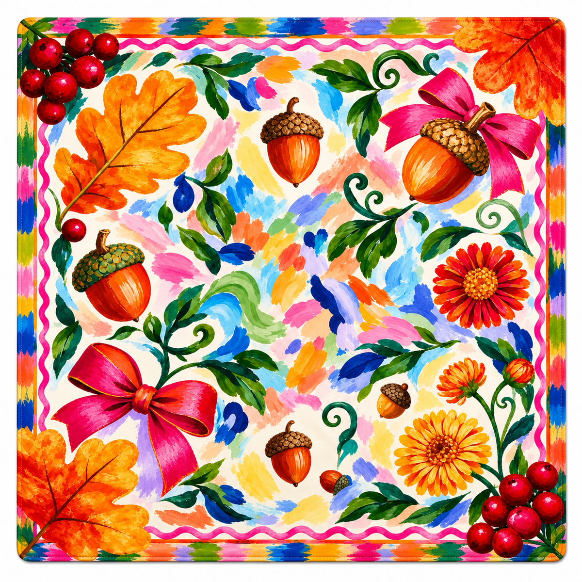 Autumn Ribbon Mahjong mat with rounded corners and a pink wavy border framing acorns, bows, and fall leaves