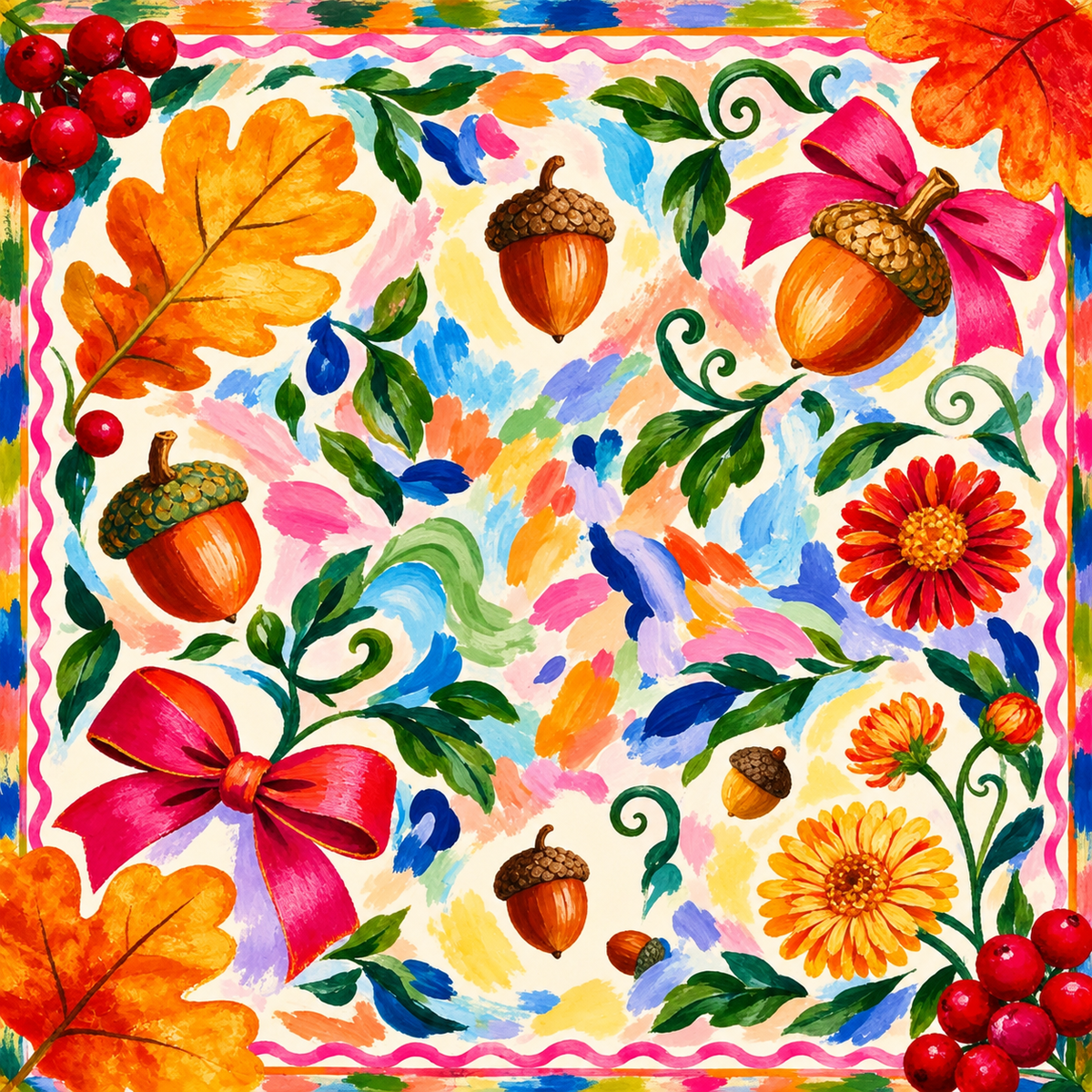 Autumn Ribbon Mahjong mat design with acorns, orange oak leaves, pink bows, red berries, and orange daisies on a pastel brushstroke background