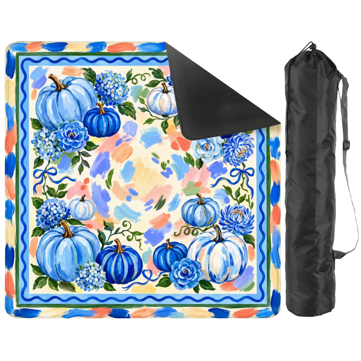 Blue Harvest mat with the corner folded back to reveal the black rubber base, beside a black drawstring storage bag