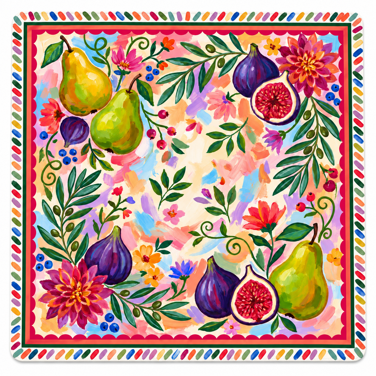 Fig & Pear Garden Mahjong mat with rounded corners and a striped multicolor edge around figs, pears, and flowers