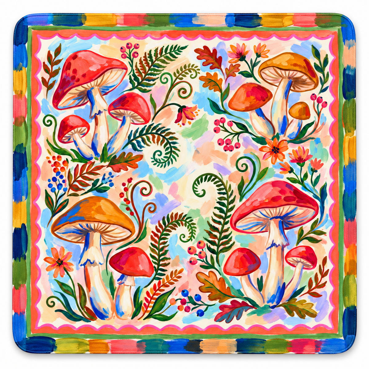 Woodland Fable Mahjong mat with rounded corners and a blue, green, and gold brushstroke border