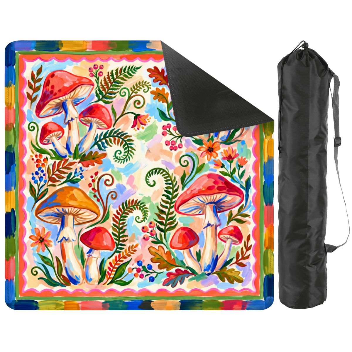Woodland Fable mat with the corner turned up to show the black rubber base, next to a black drawstring storage bag
