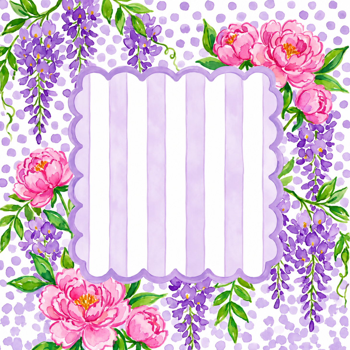 Wisteria Belle Mahjong mat design: purple wisteria and pink peonies framing a scalloped lilac-striped center on a lavender-dotted background