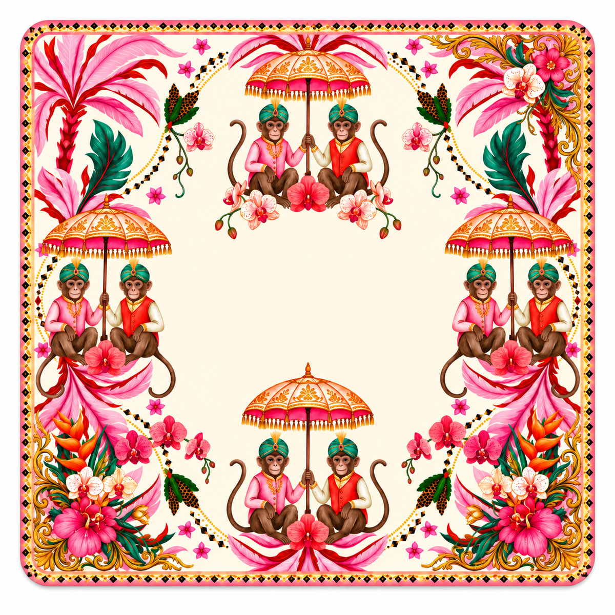 Monkey Maharaja American Mahjong mat with monkeys under parasols around a cream center