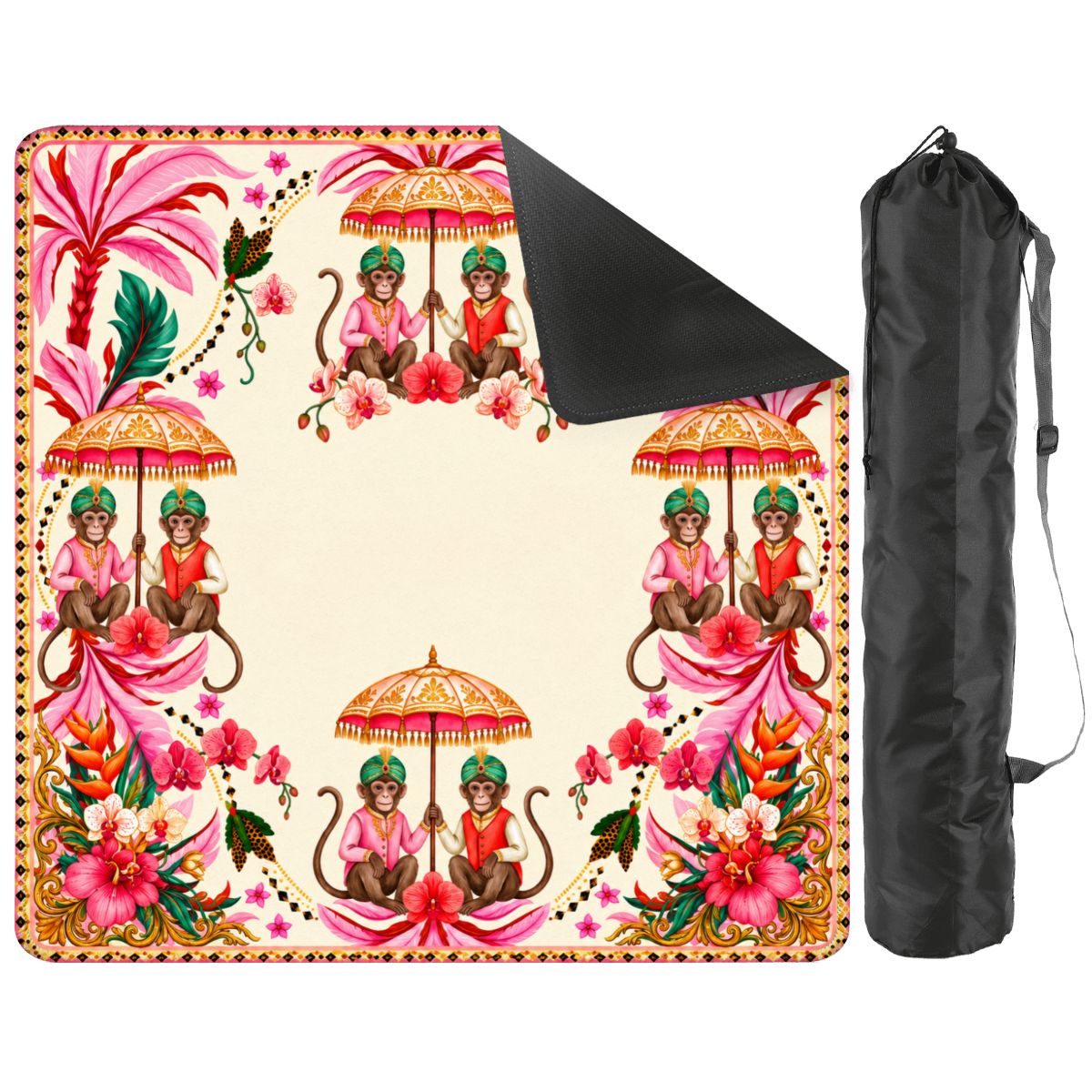 Monkey Maharaja mat with a corner turned up to show the black non-slip rubber base, with black storage bag