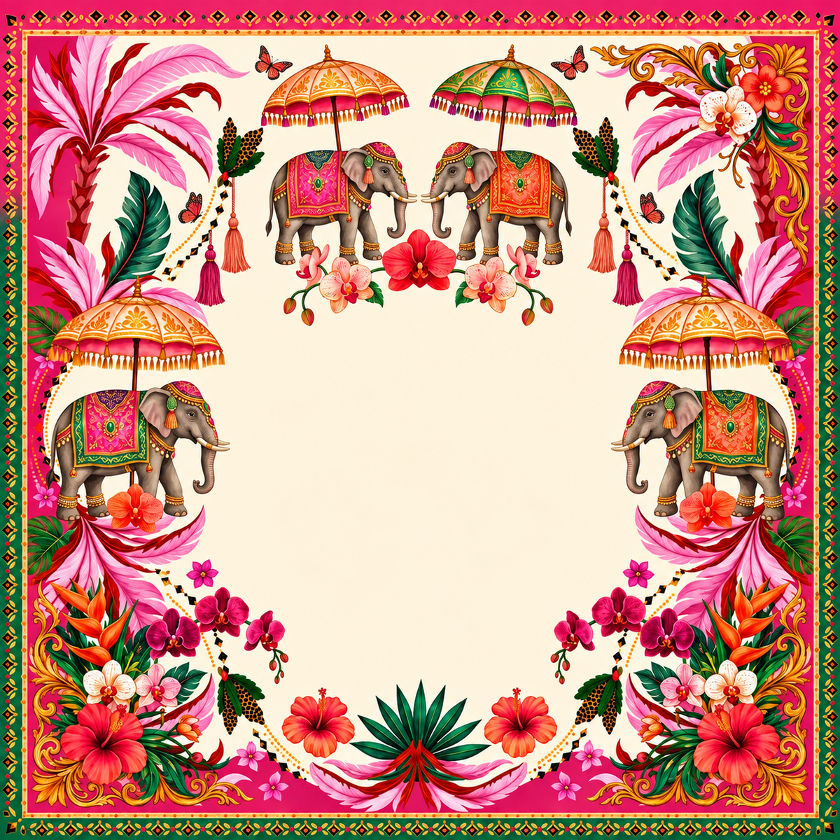 Palace Parade Mahjong mat design: parade of decorated elephants under tasseled parasols with pink palms and red flowers around a cream center