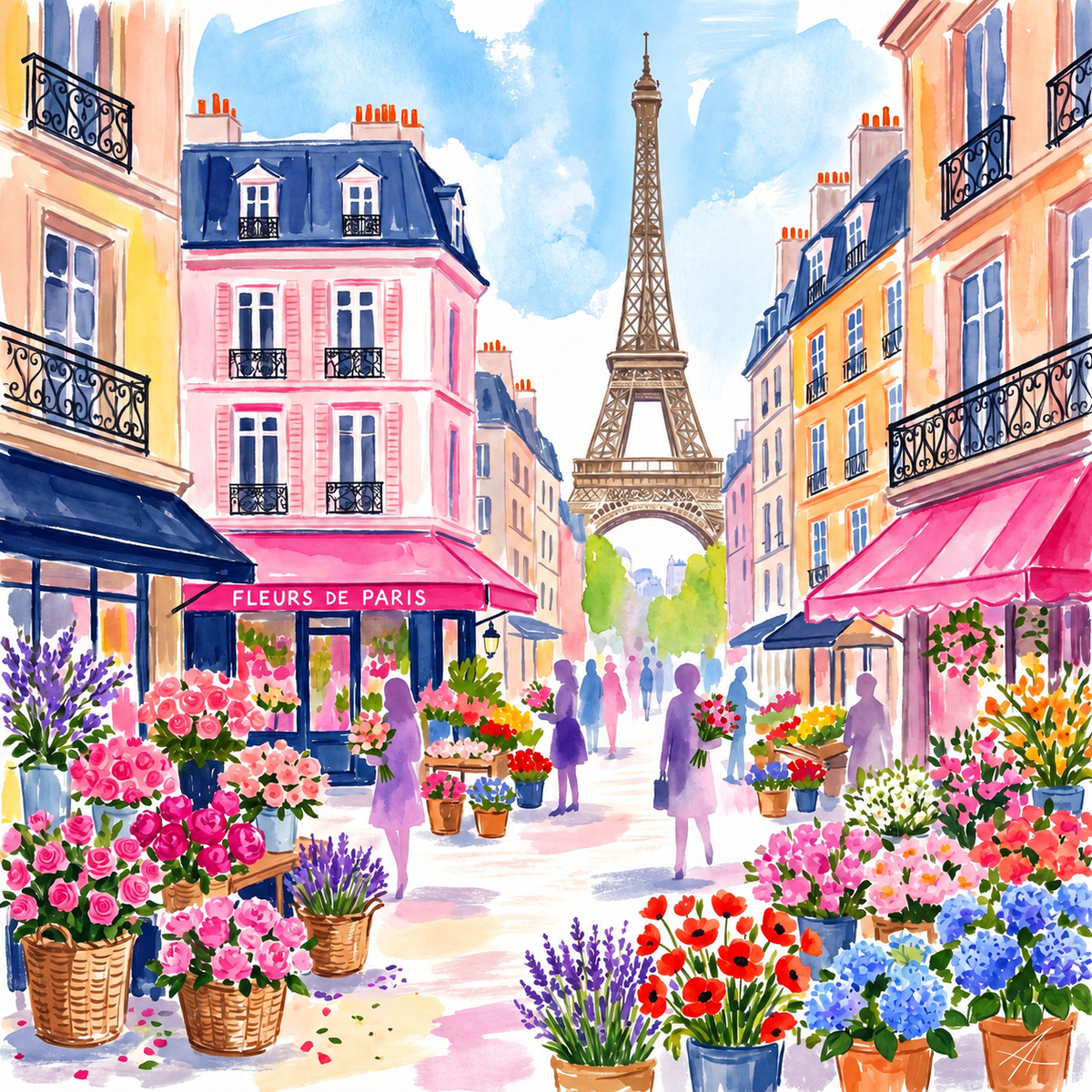 Paris in Bloom Mahjong mat design: Paris street with flower stalls, pink awnings and the Eiffel Tower in the background