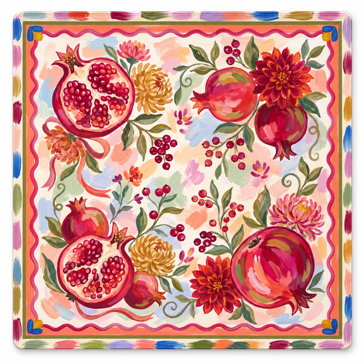 Pomegranate Reverie Mahjong mat with rounded corners and a multicolor brushstroke border
