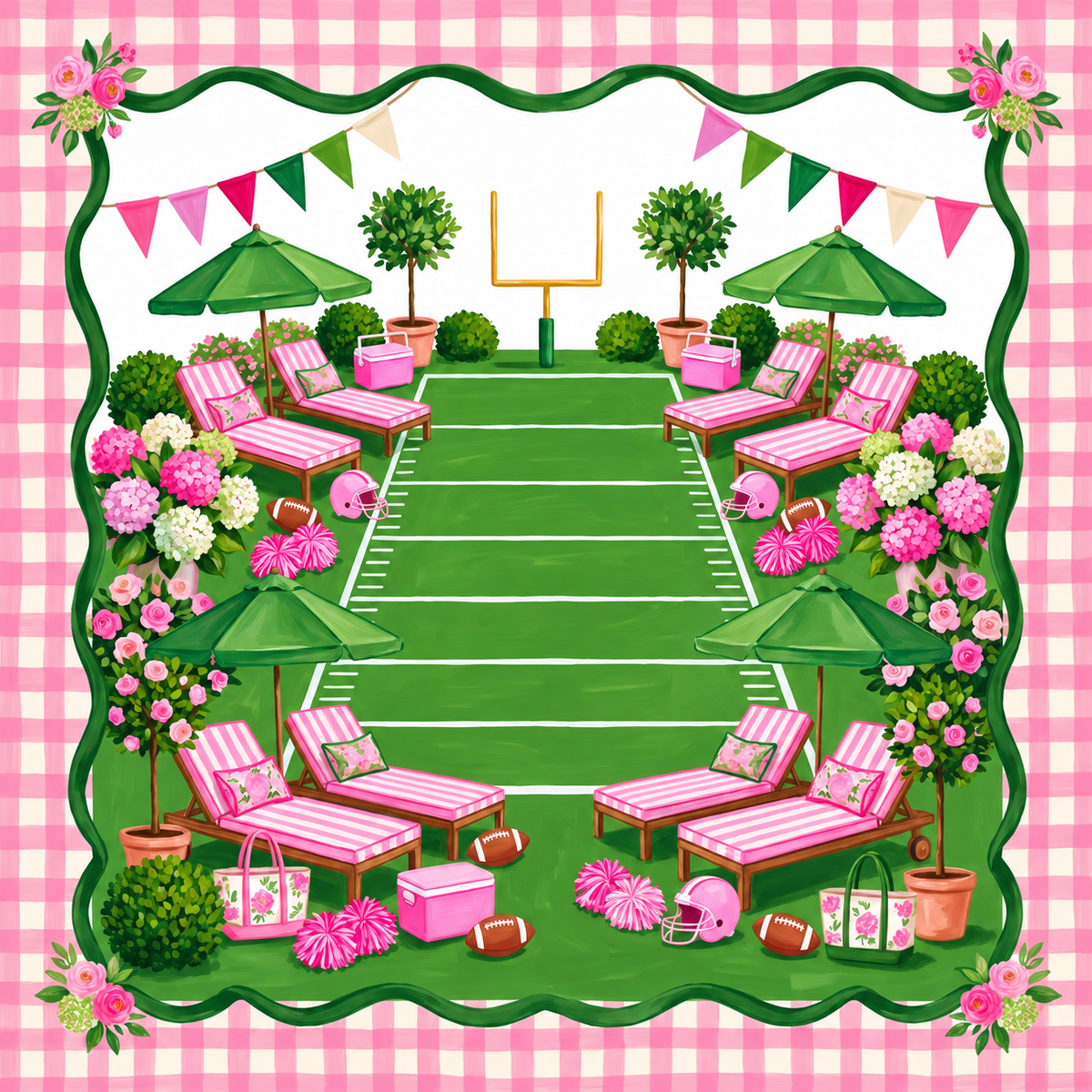 Touchdown in Pink Mahjong mat design: green football field with pink striped lounge chairs, umbrellas and hydrangeas inside a pink gingham border