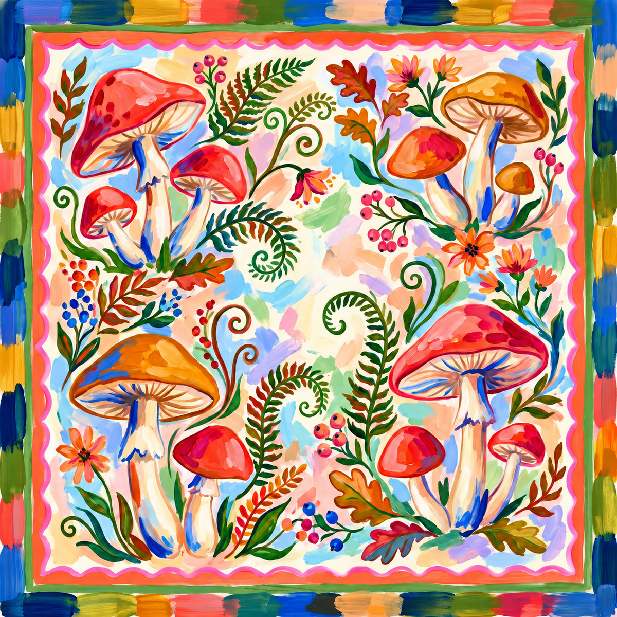 Woodland Fable Mahjong mat design with red and orange mushrooms, curling ferns, berries, and small flowers on a pastel background with a pink wavy border