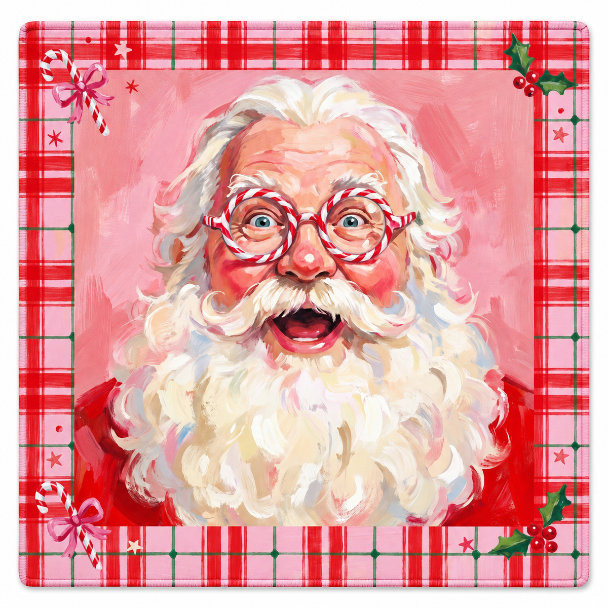 Peppermint Portrait Mahjong mat with rounded corners, candy canes, holly, and a red plaid border