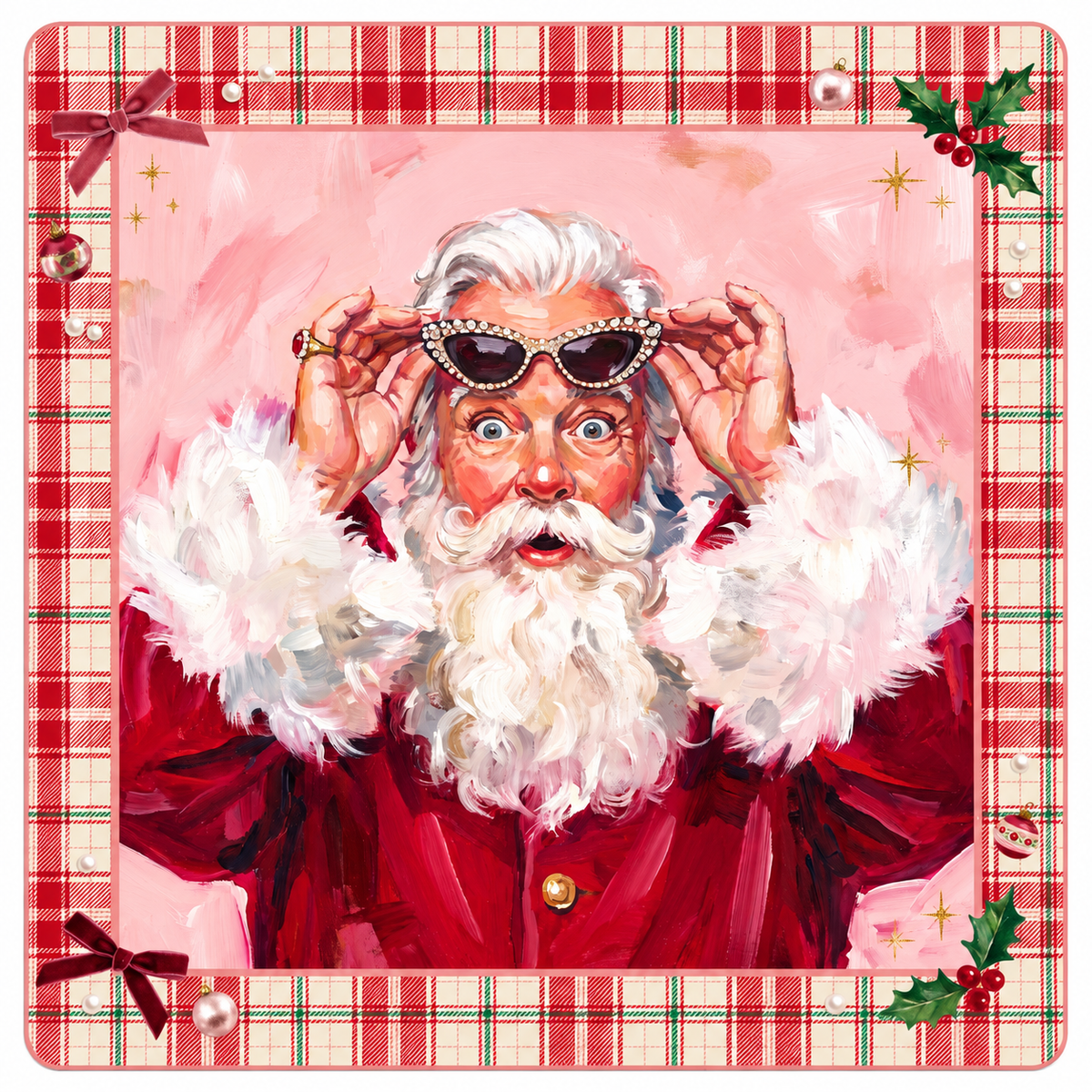 Holiday Glam Santa Mahjong mat with rounded corners, a red plaid border, holly, and burgundy bows